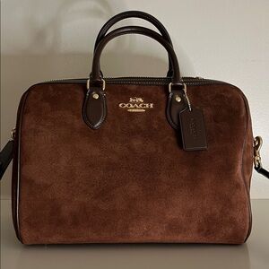 Coach Rowan Large Satchel bag in Gold and Vintage Brown Suede